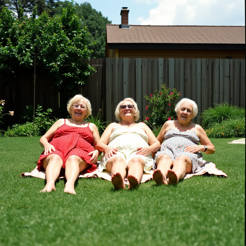 Three elderly women tanning in the backyard. - Image