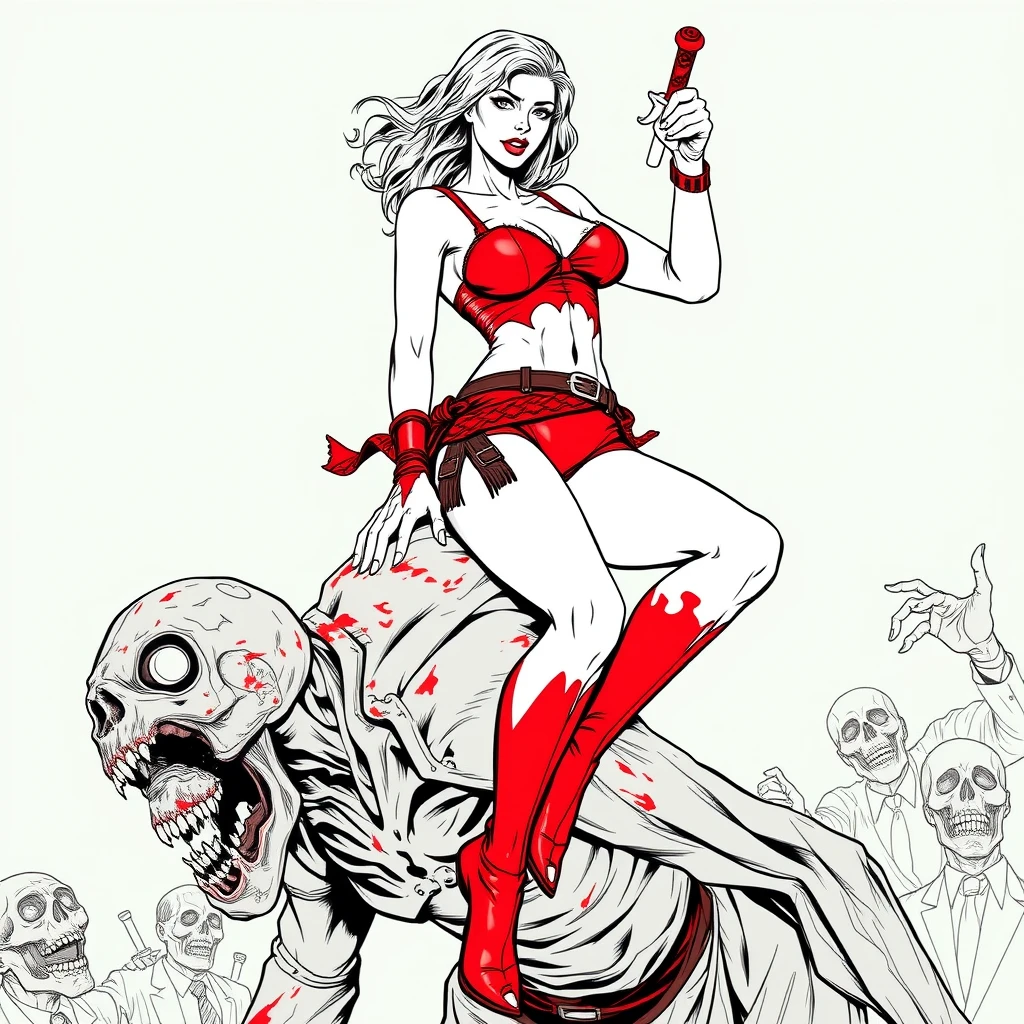 A tall mature woman in red sexy battle leather underwear rides on a zombie's shoulder with her legs open, she stabs the dagger into the zombie's head, line art. - Image