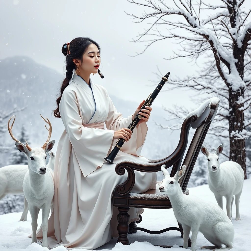 A gorgeous female oboe player in a white hanbok sits on an antique chair at a snow-covered mountain peak, playing the oboe with her eyes closed. Heavy snow is falling around her, with snow-laden trees lining the background. The white deer and hares are around the oboist to listen to the music; it's a serene winter afternoon. Hyperrealistic.