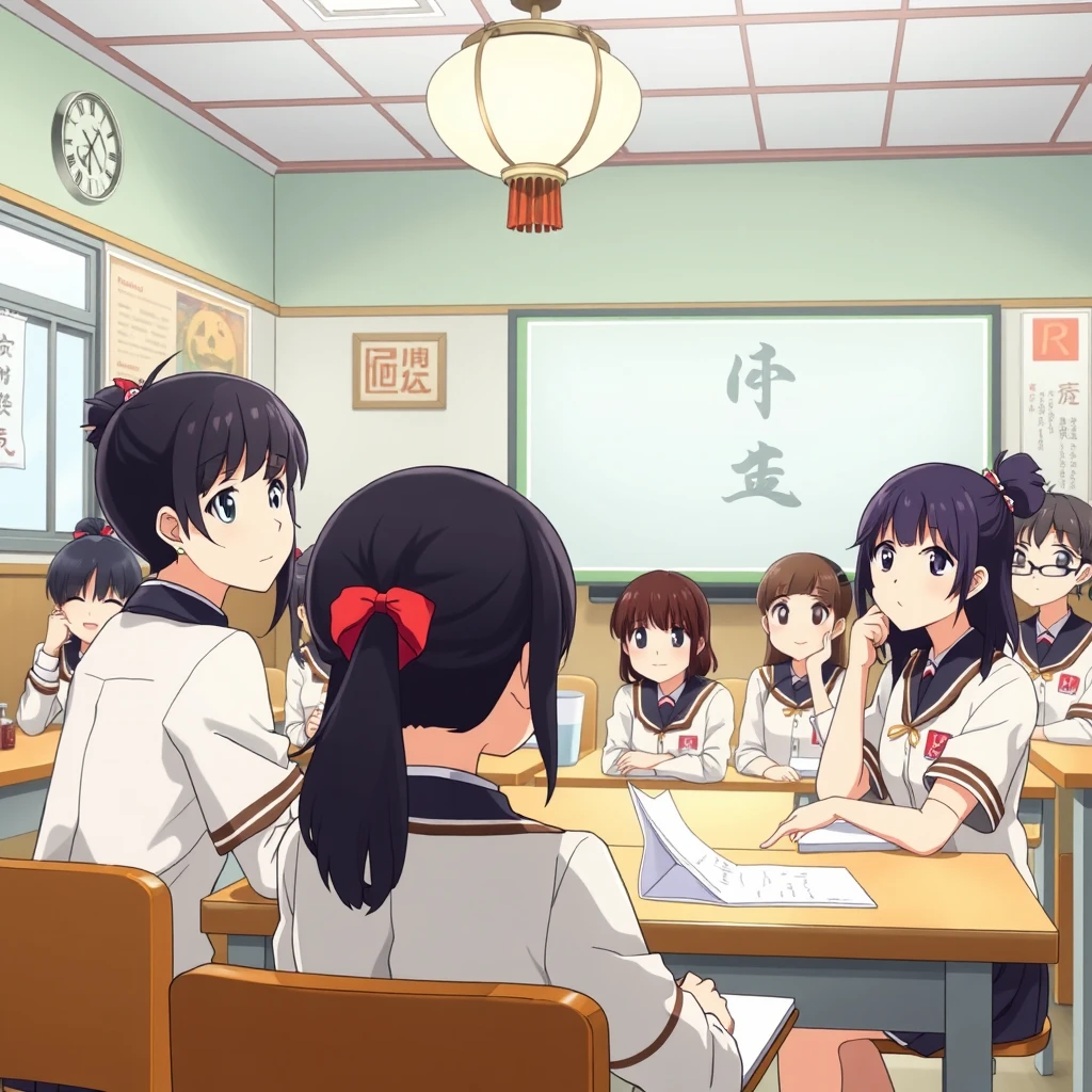 Japanese anime illustration: Chinese high school students in their uniforms are attentively listening to a lesson in a Chinese school classroom, imbued with a strong Chinese character. - Image