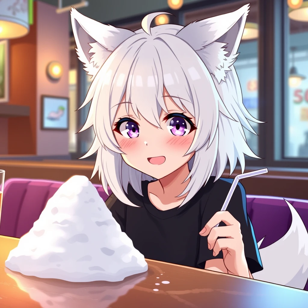 Cute teen anime girl with fluffy wolf ears and a fluffy tail, white messy medium-length hair, and purple eyes, wearing a black t-shirt, sitting at a table in a bar. On the table is a tiny mountain of snow, and the girl is looking at the snow with a big crazy smile, holding a straw in her right hand.