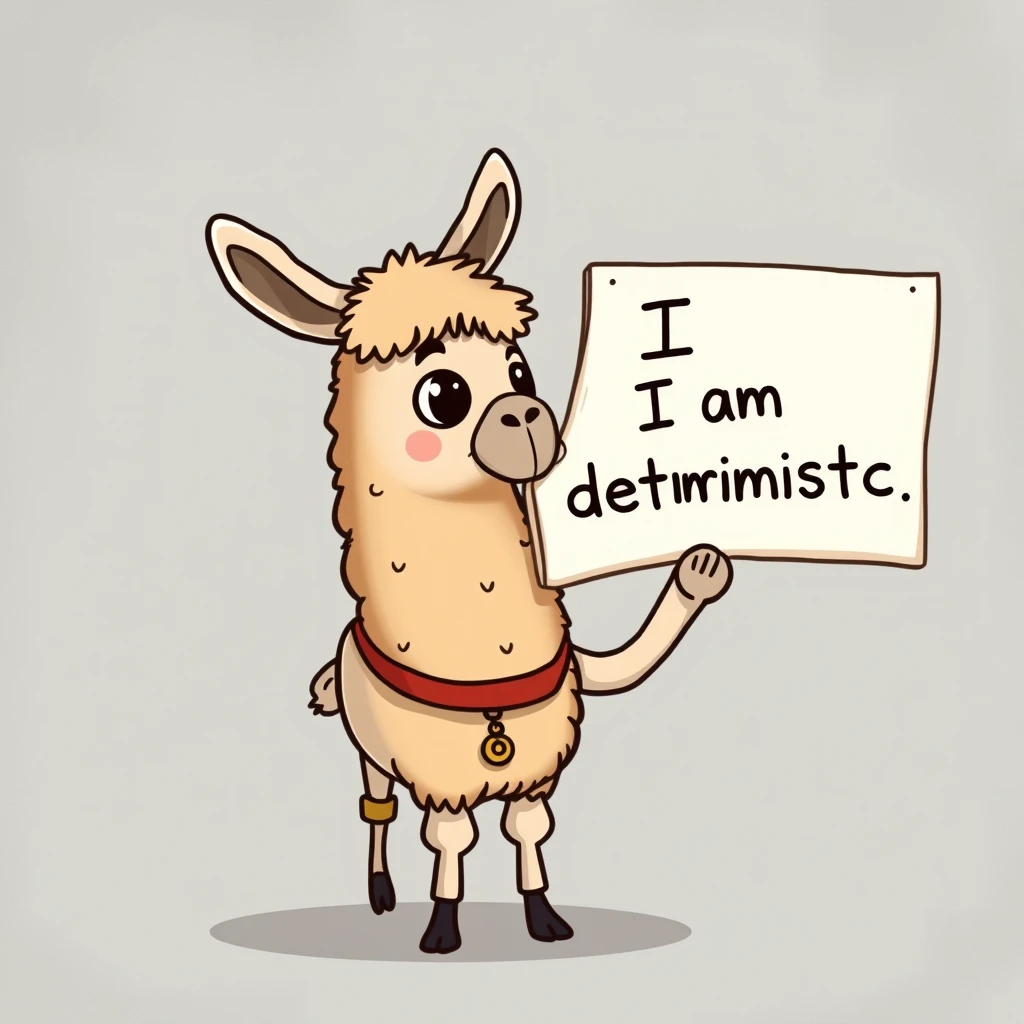 A cartoon llama with a sign board that reads "I am deterministic."