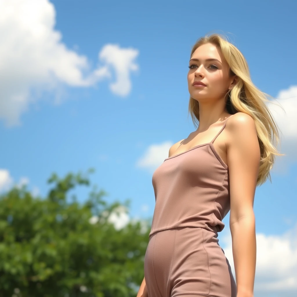 A serene, blissful scene of a young woman in a form-fitting romper. The scene feels real and unpolished, informal. The subject has natural beauty, authentic imperfections; counter to the plastic surgery so often seen. A few strands of light blonde frame the sides of her eyes. The fluffy clouds decorate the clear blue sky. The breeze teases. She blushes with the sensitivity of life against her delicate pale skin. - Image