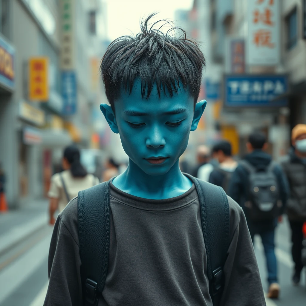 An Asian boy has blue skin, he walks down a busy city street with his head down. No one noticed him. photorealistic, 8K.