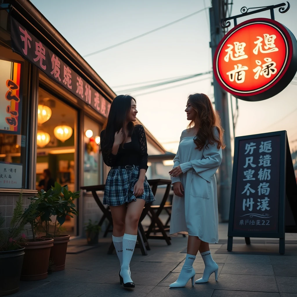 In the evening, two beautiful women are chatting outside a restaurant, and their socks are visible. There is a sign outside the restaurant, and the words on the sign can be clearly seen, with Chinese characters.