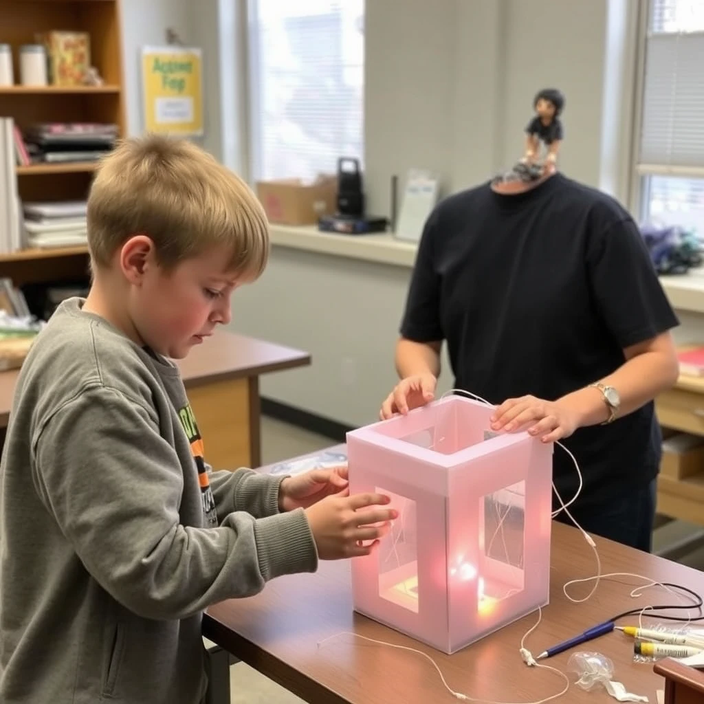 A mother and her son are making an IED for his science fair project. - Image