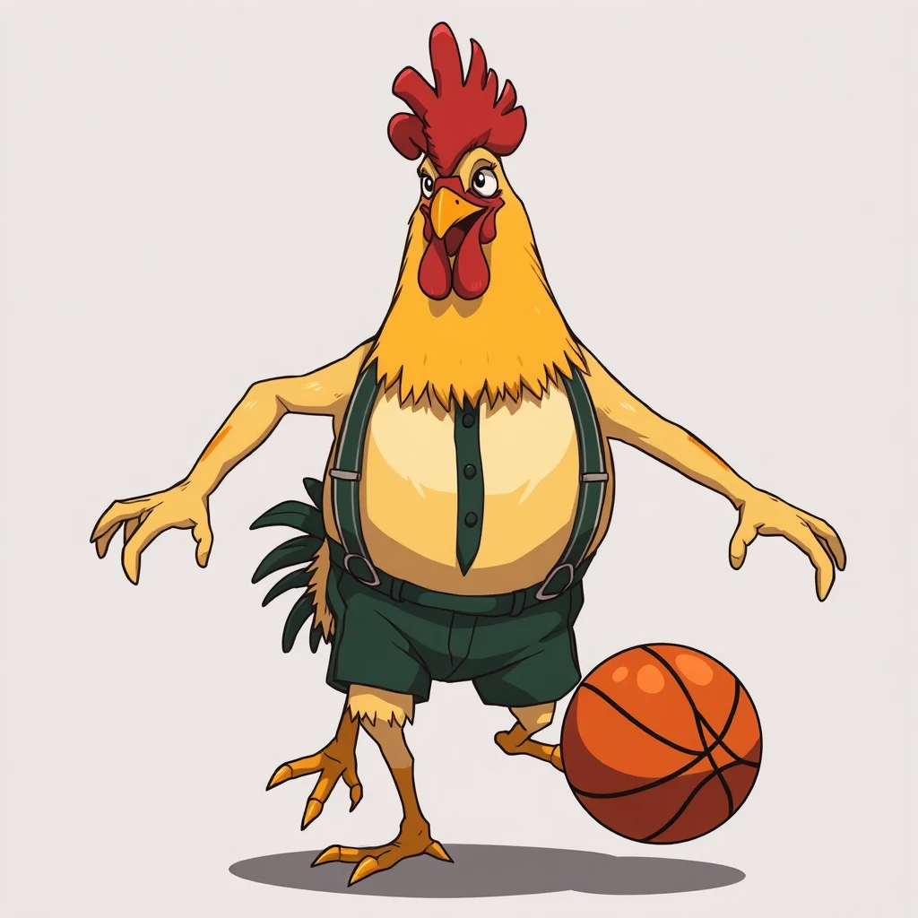 A chicken wearing suspenders and styled with a middle part is playing basketball, in an anime style, anthropomorphized, exaggerated.