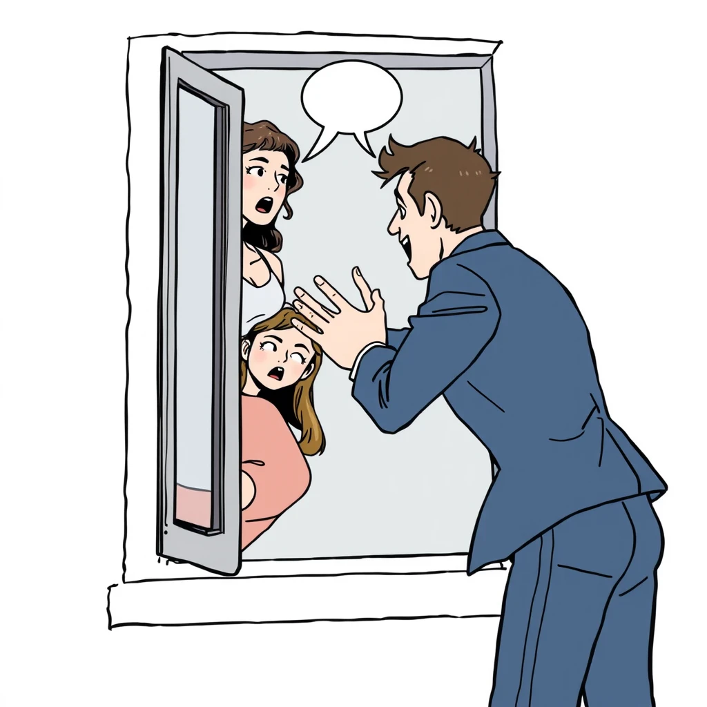 The woman is pushed out of the window by the man, panicking and looking down. comic