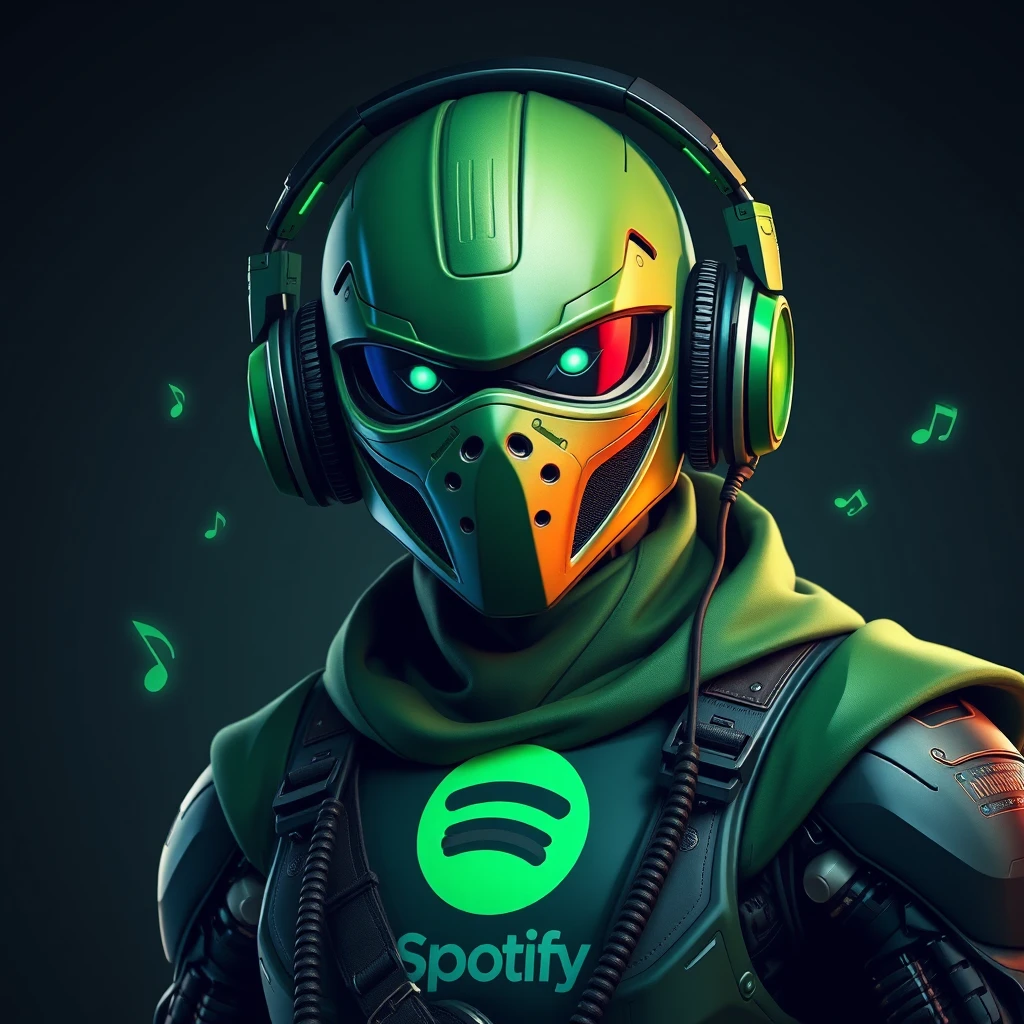 Photo of Spotify styled superhero robot ninja, green, wearing headphones, music notes, high tech, realistic, nanites. Photorealistic. - Image