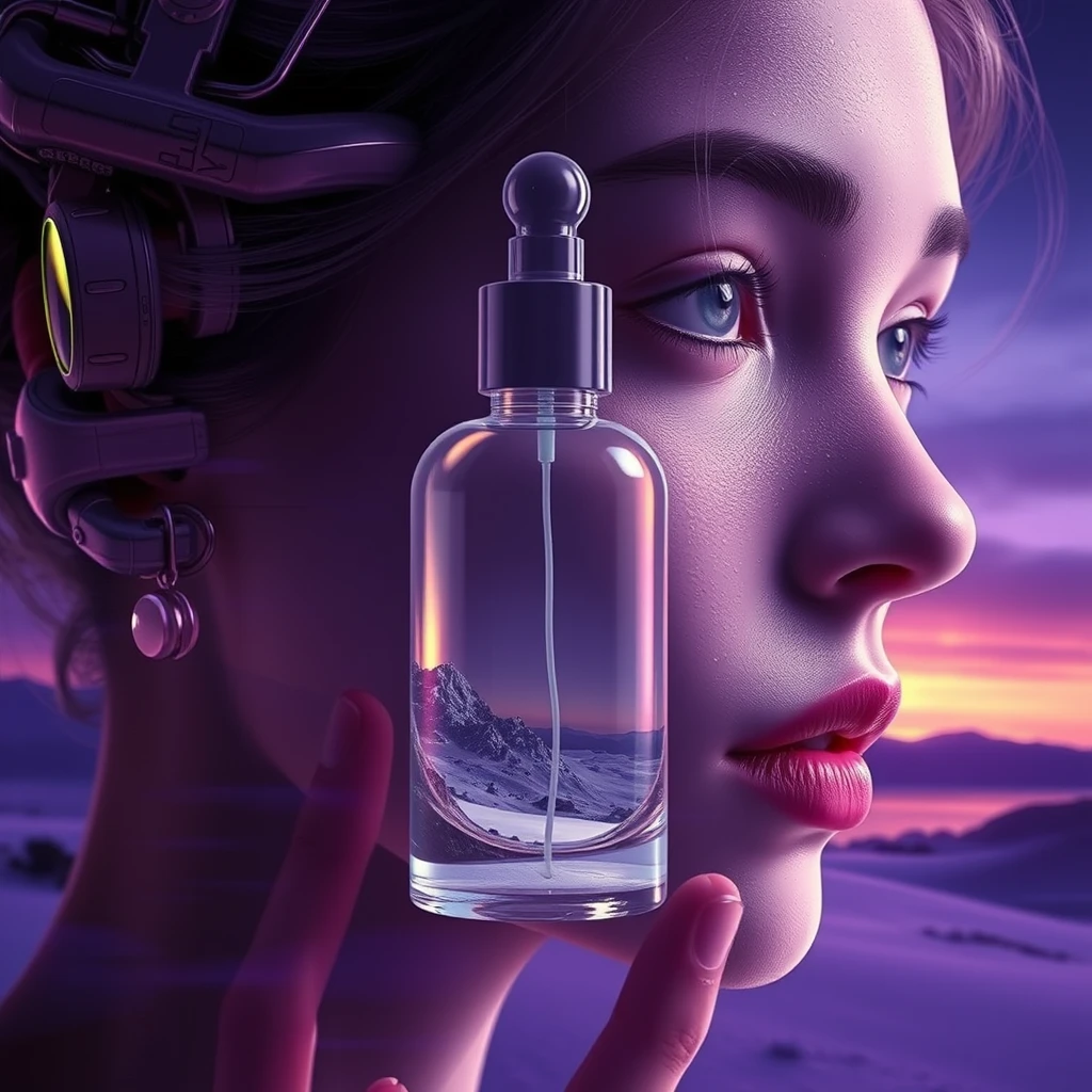 Multiple exposure, the art of Alphonse Mucha, cosmetic glass bottle, violet, character design, rendering, biomechanics, science fiction, volumetric lighting, beautiful landscapes, detailed face, dramatic colors. - Image