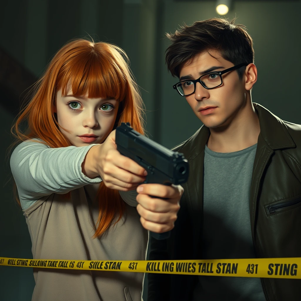 A death scene; a short, skinny teenage girl with long ginger hair and bangs, green eyes, shooting and killing a young, skinny, tall Italian white man who is wearing glasses.