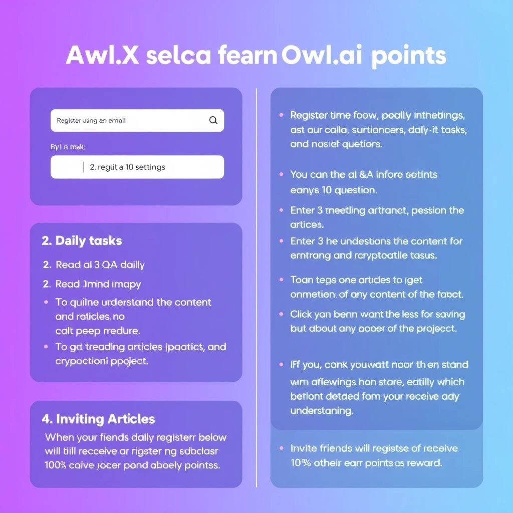 OwlX.ai offers two registration methods:  
1. Register using an email  
2. Register via wallet link

How to earn OwlX.ai points?

1. Personal Information Settings  
   After logging in, select personal information settings to complete daily check-ins, daily tasks, and invitation tasks.

2. Daily Tasks  
   You can ask questions 5 times a day, earning 10 points for each question. Enter the AI Q&A interface where you can ask questions with one click to get answers and relevant information about any cryptocurrency project.

3. Reading Articles  
   Read 3 trending articles daily. To quickly understand the content of the articles, OwlX.ai provides a mind map feature. Click to view the mind map, which helps you better understand the content of the article. You can also engage with the articles by sharing your understanding. If you want to learn more about the content, you can click on the related questions below to receive detailed answers from the AI.

4. Invite Friends  
   When your friends successfully register and earn points, you will receive 10% of their points as a reward.