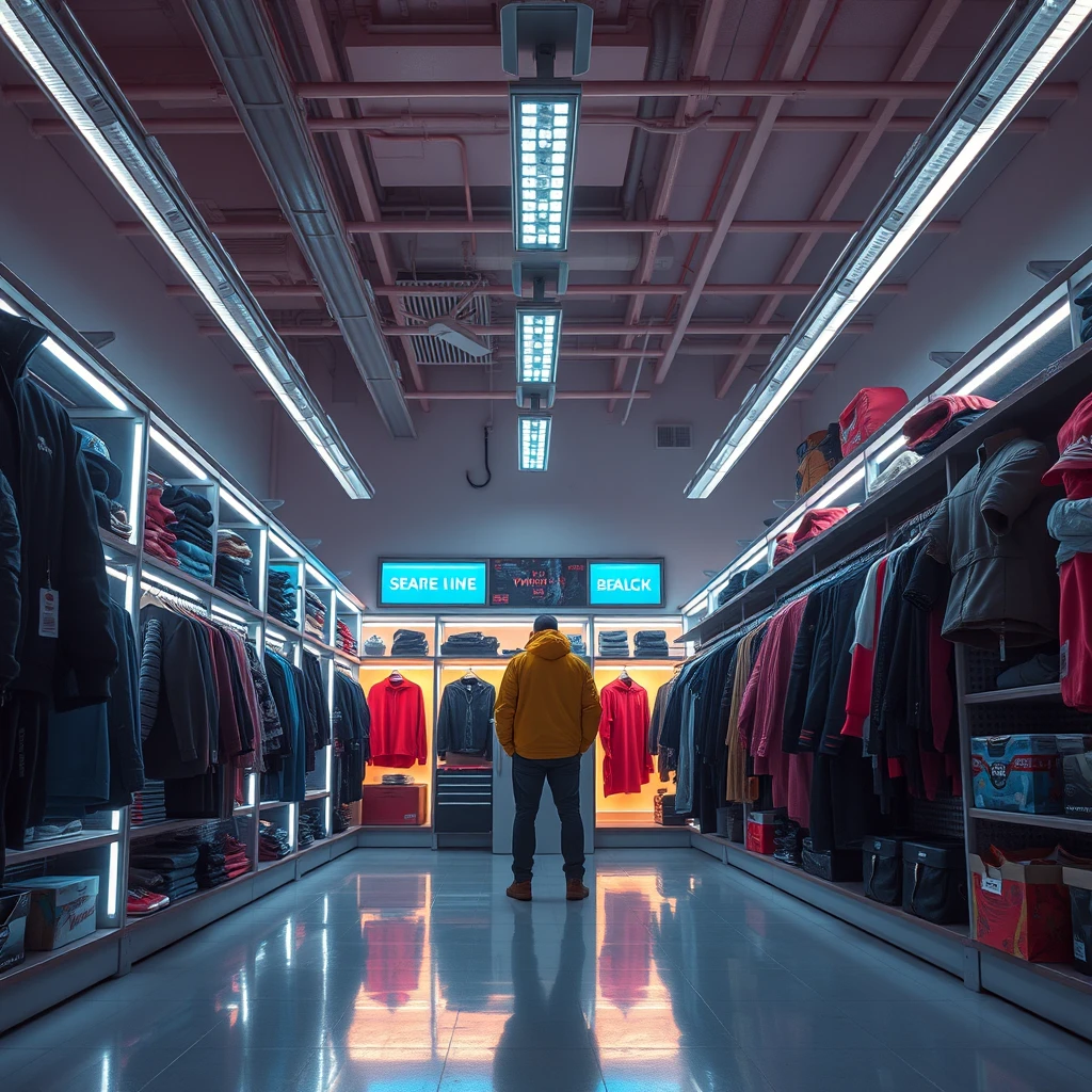 wear store, big inter room, bright surrounding, nobody, cyberpunk