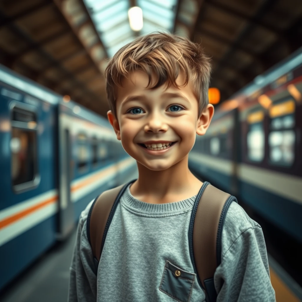 photo_of_a_smiling_young_boy_at_the_train_station_hyperrealistic - Image