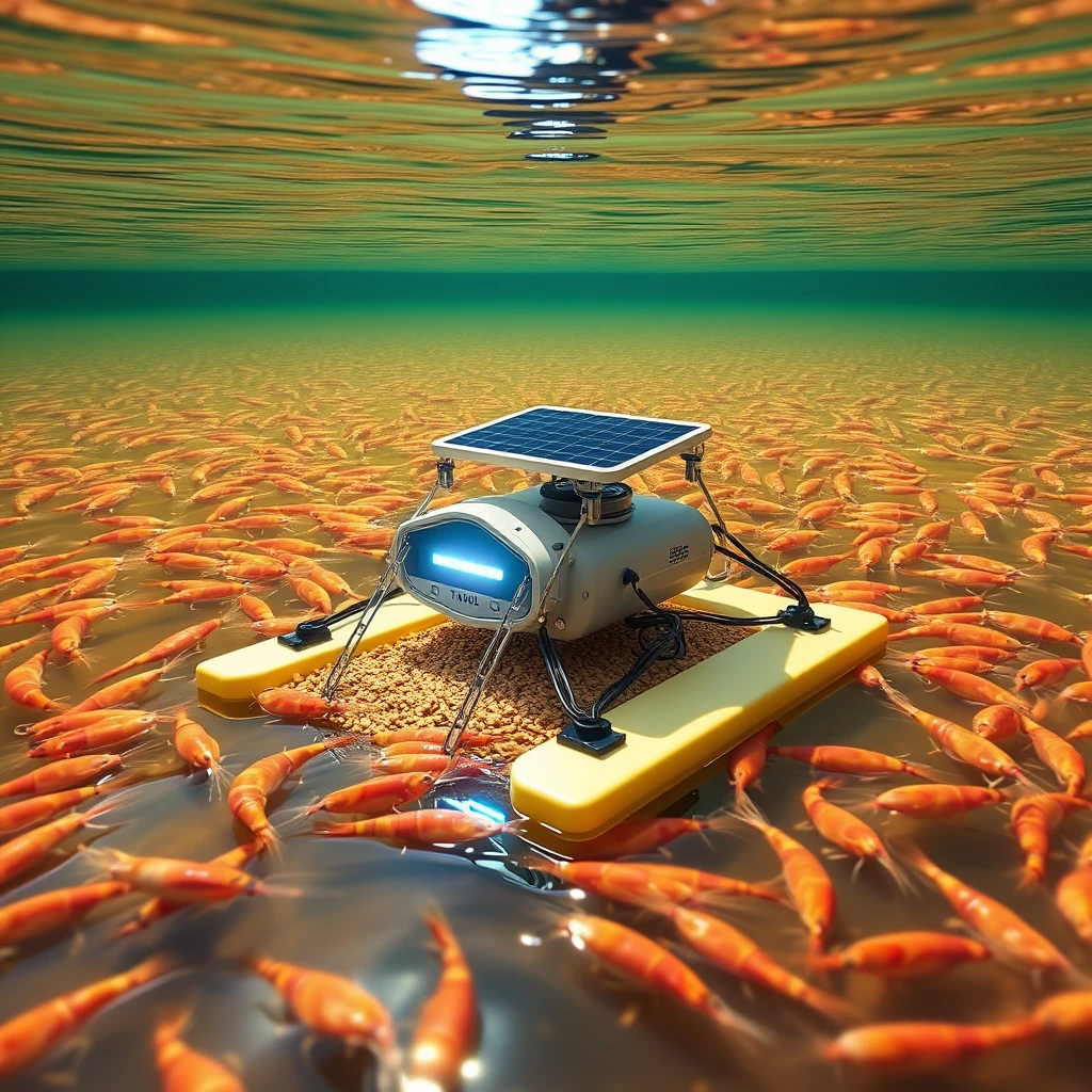 Smart floating feeding system in shrimp aquatic farm, that senses shrimp presence and navigates autonomously there to dispense the food grains, powered by solar panels and on catamaran hull that can be deployed remotely.