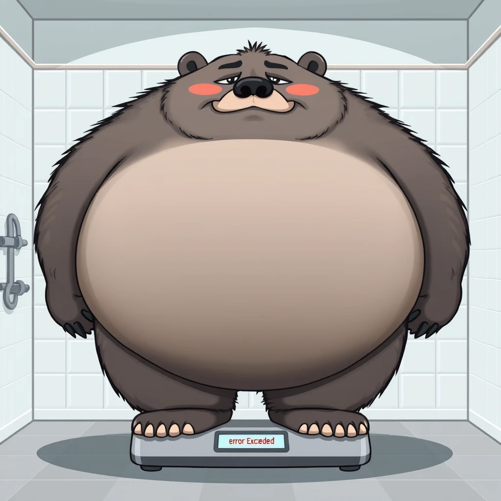 Cartoon, quarter view, anthropomorphic obese gray bear, standing on a large scale that reads "error! Weight Exceeded". Gray and black fur with tan and white fur markings. He has a heavyset body. Wide fat bottom. Fat wide double chins. Full body. Uncropped. Fluffy fur. In bathroom before taking a shower. - Image