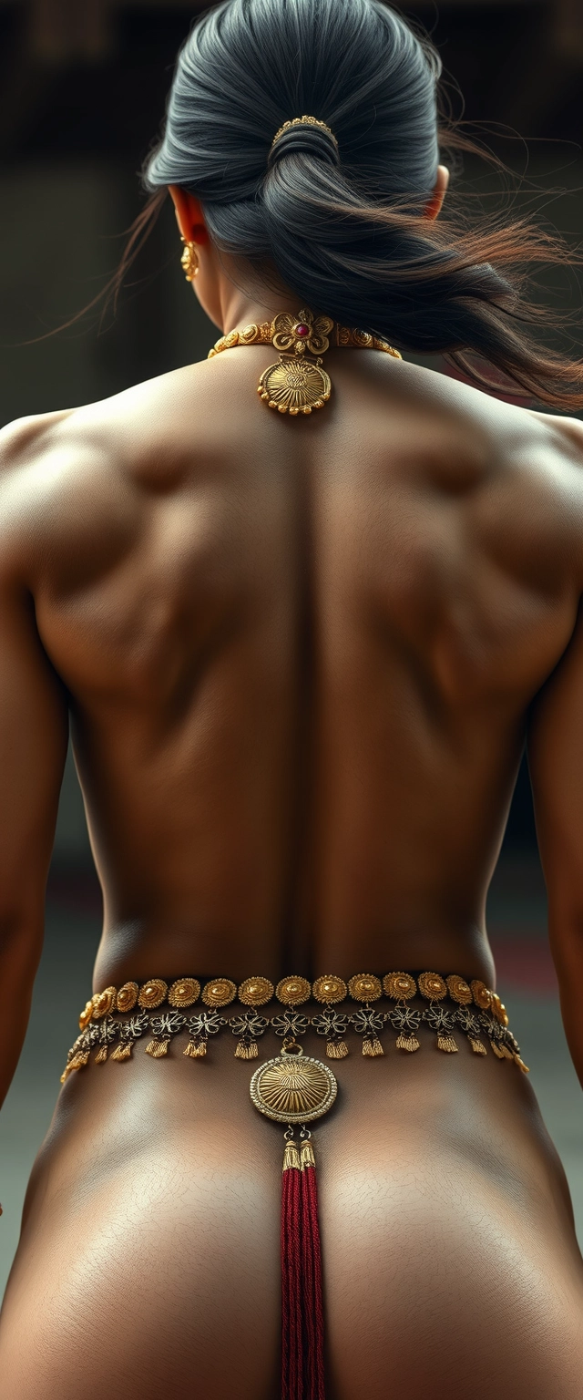 Close-up view of an unreasonably muscular back with large, shiny muscles of a tall Korean-Indian woman with her hair spread out, wearing gold ornaments on her waist and neck.