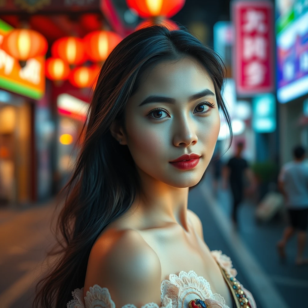 Immerse yourself in the captivating portrait of a stunning Thai woman in an enchanting big city. This cinematic photoshoot, meticulously crafted, showcases her beauty with precision. Shot on a 25mm lens, the depth of field and tilt blur create a compelling narrative. With settings like a 1/1000 shutter speed, F/22 aperture, and calibrated white balance, the breathtaking 32k resolution reveals remarkable details. Super-resolution preserves nuances, while Pro Photo RGB enriches colors. Lighting techniques, from half rear to backlighting, accentuate elegance. Volumetric, Conte-Jour, and global illumination add depth. Scattering, reflections, and artistic elements enhance realism. Technical advancements like anti-aliasing and ambient occlusion refine quality. Prepare for an extraordinary blend of photography and CGI, where intricacy meets grace.