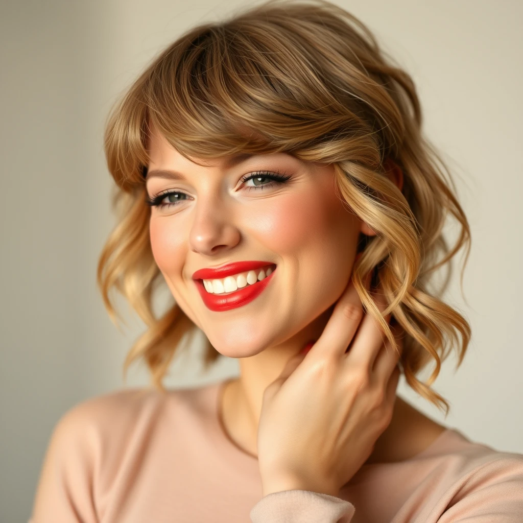 A Taylor Swift smile. A hand grabs her neck.