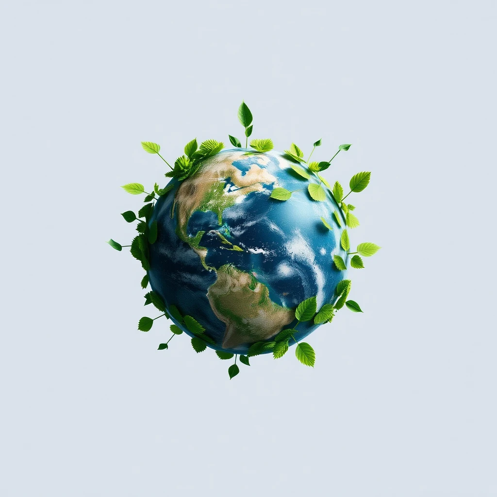 "Generate a realistic main visual, with the Earth as the focal point, and present green environmental elements in the center, with a minimalist style."