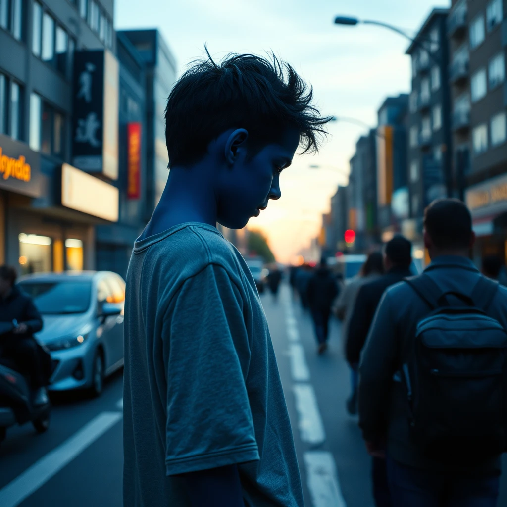 At dusk, a boy with deep blue skin walks down a busy city street with his head down. No one noticed him. Photorealistic, 8K. - Image