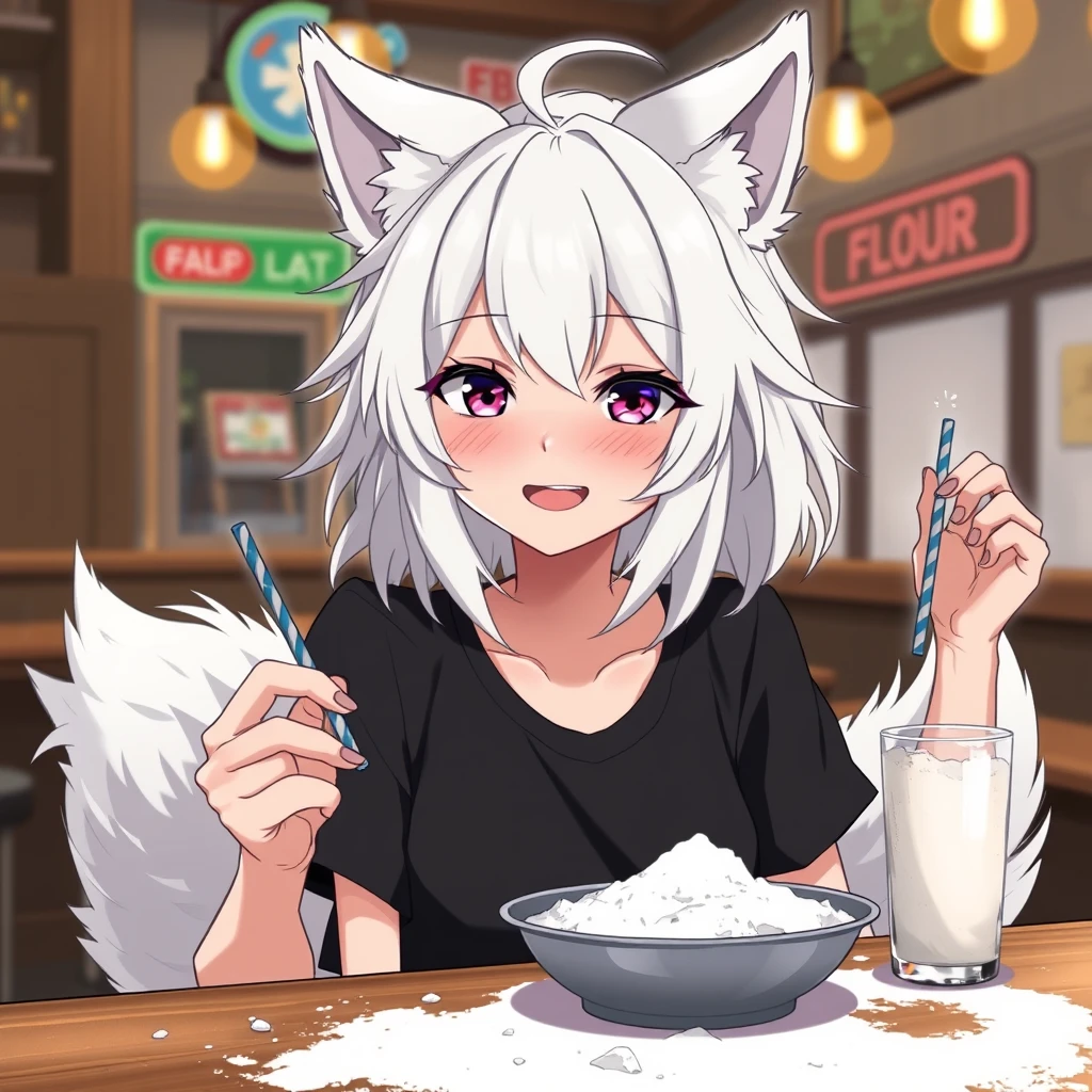 Anime woman with fluffy wolf ears and a fluffy tail, messy medium-length white hair, purple eyes, wearing a black t-shirt, sitting at a table in a bar. On the table is flour, and the girl looks at the flour with a big crazy smile, holding a straw in her right hand. - Image