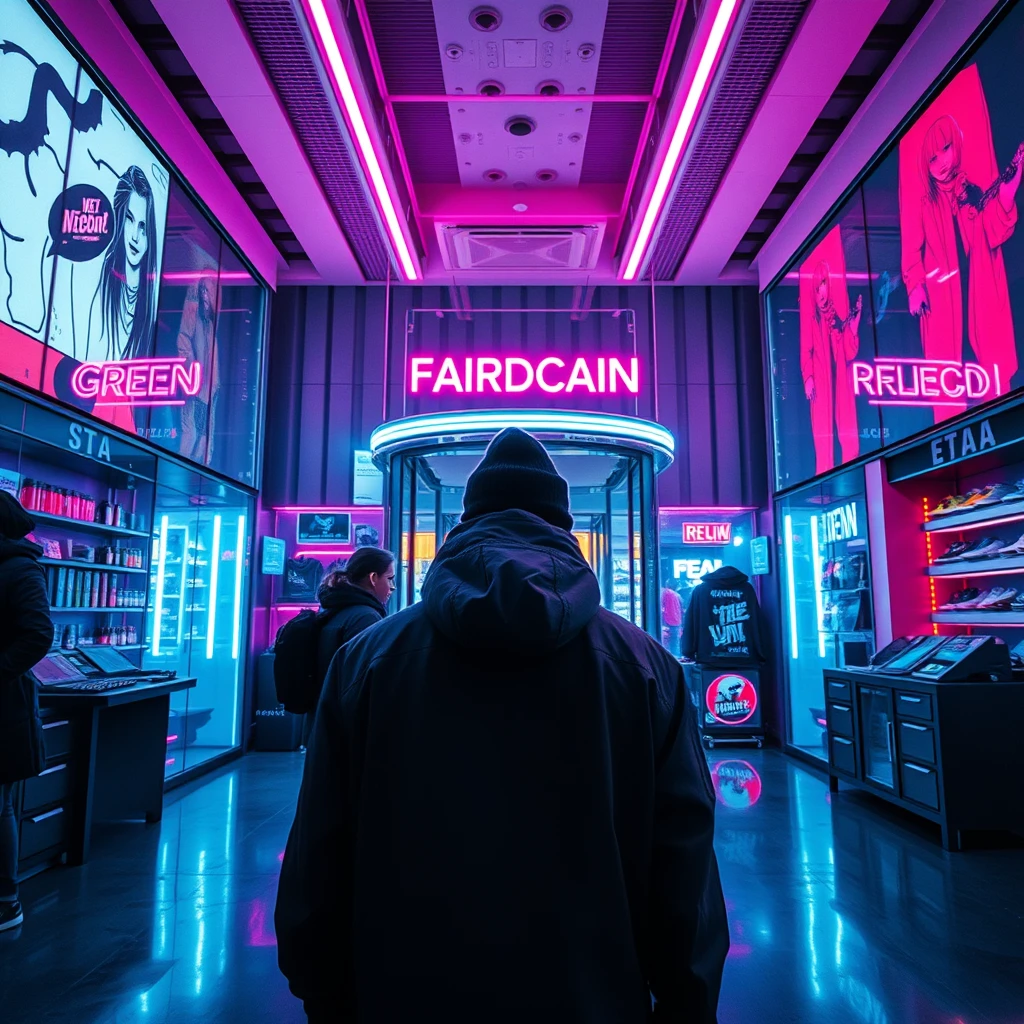 wear flagship store, inner room, bright surrounding, nobody, cyberpunk