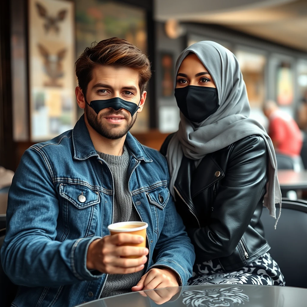 Jamie Dornan's head and body shot, handsome, black face mask, blue jeans jacket, jeans, dating a Muslim girl in a grey hijab, beautiful eyes, black face mask, black leather jacket, biggest tiger pattern skirt, at a cafe, cup of latte, photorealistic.