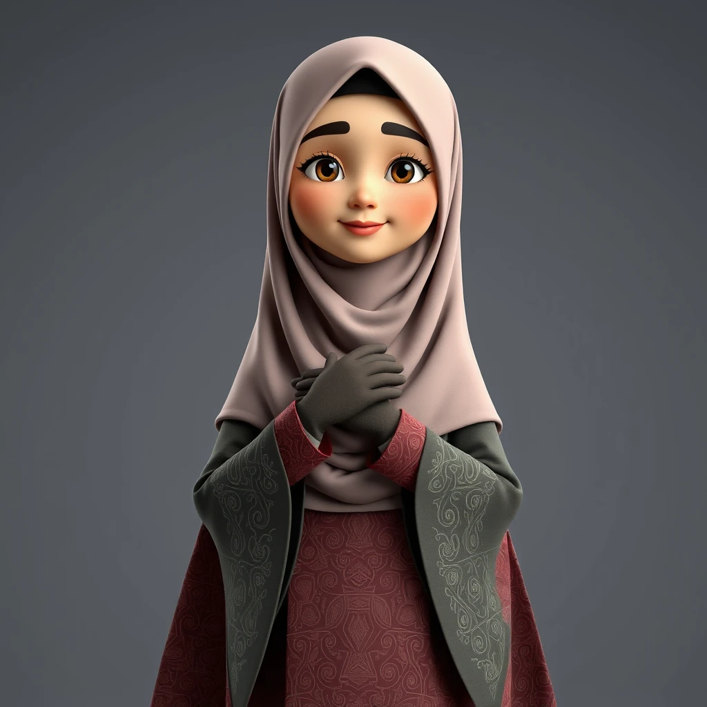 A 3D, 8k animated cartoon depiction of a Muslim woman from Palembang, wearing a traditional long songket and a long gown (gamis). She is adorned with a hijab that covers her chest and wears batik gloves covering her hands.