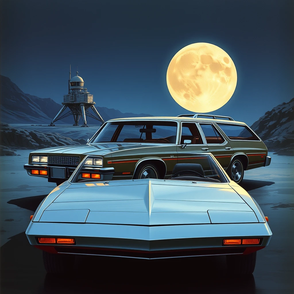 Front corner view, a 1980s retro-futuristic station wagon concept, a painting by Syd Mead, sleek, moon setting, the lunar lander is in the background.