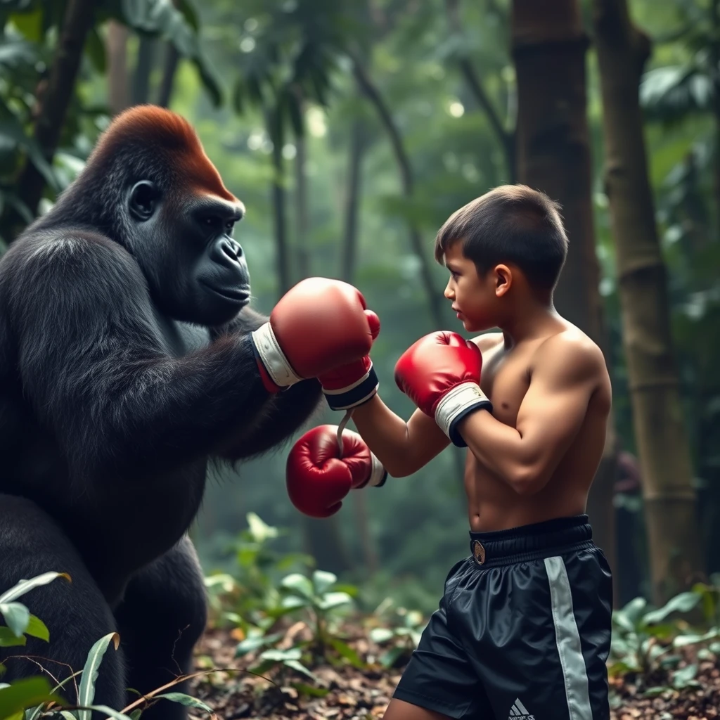 A young boxer 1.64m tall and weighing 54kg facing a gorilla in the forest. - Image