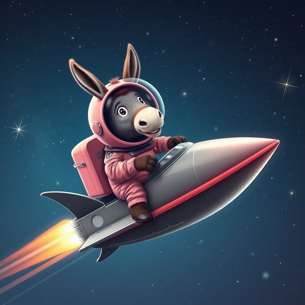 A cute donkey wearing pink astronaut costume, riding on a stunning spaceship, flying to the outerspace under a clear night sky with lots of shining stars. Realistic style.