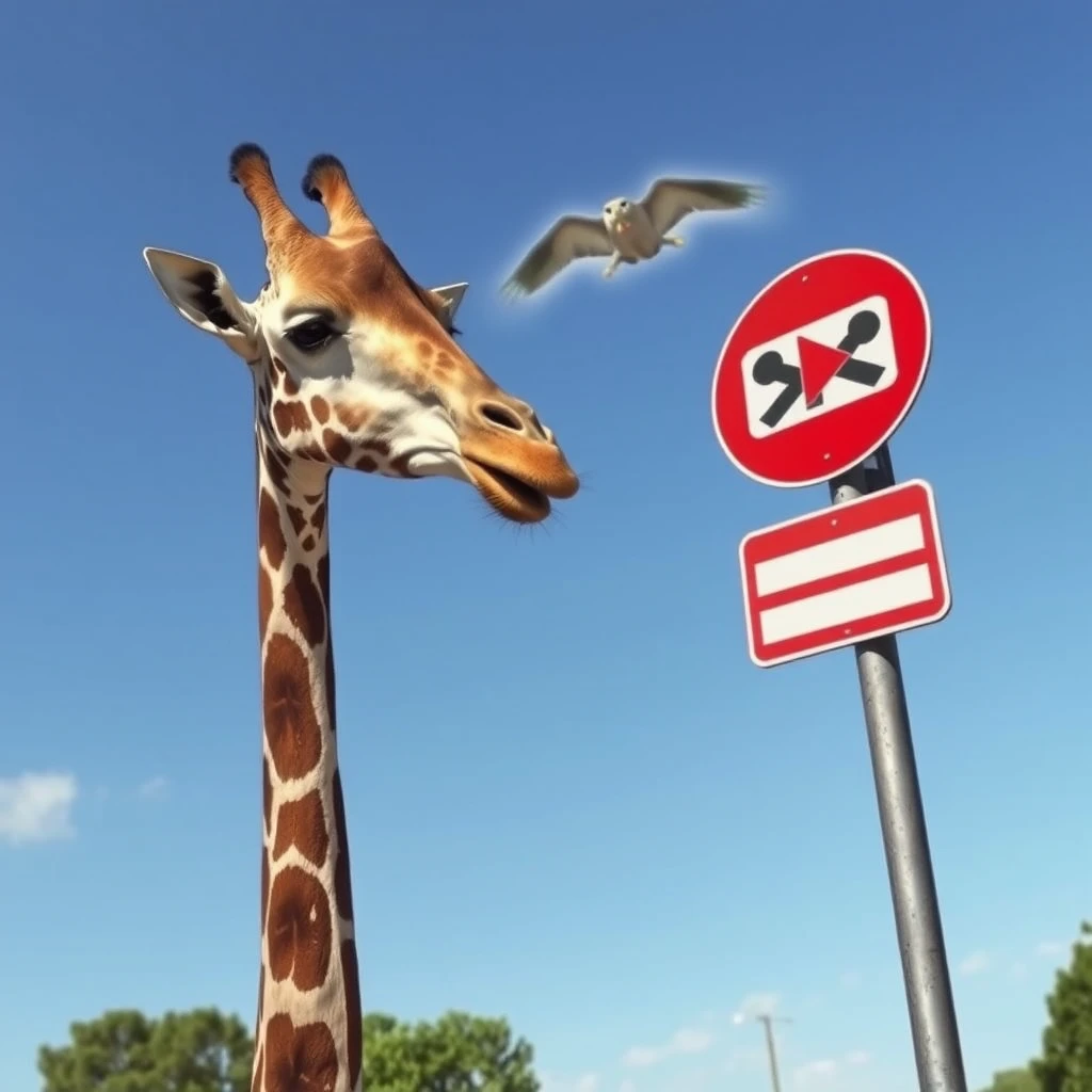 A giraffe scolding an old lady for crossing the street.