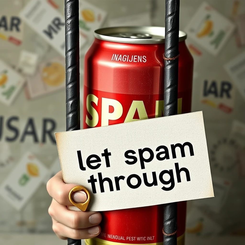 A can of spam behind bars, holding a sign saying "let spam through." - Image