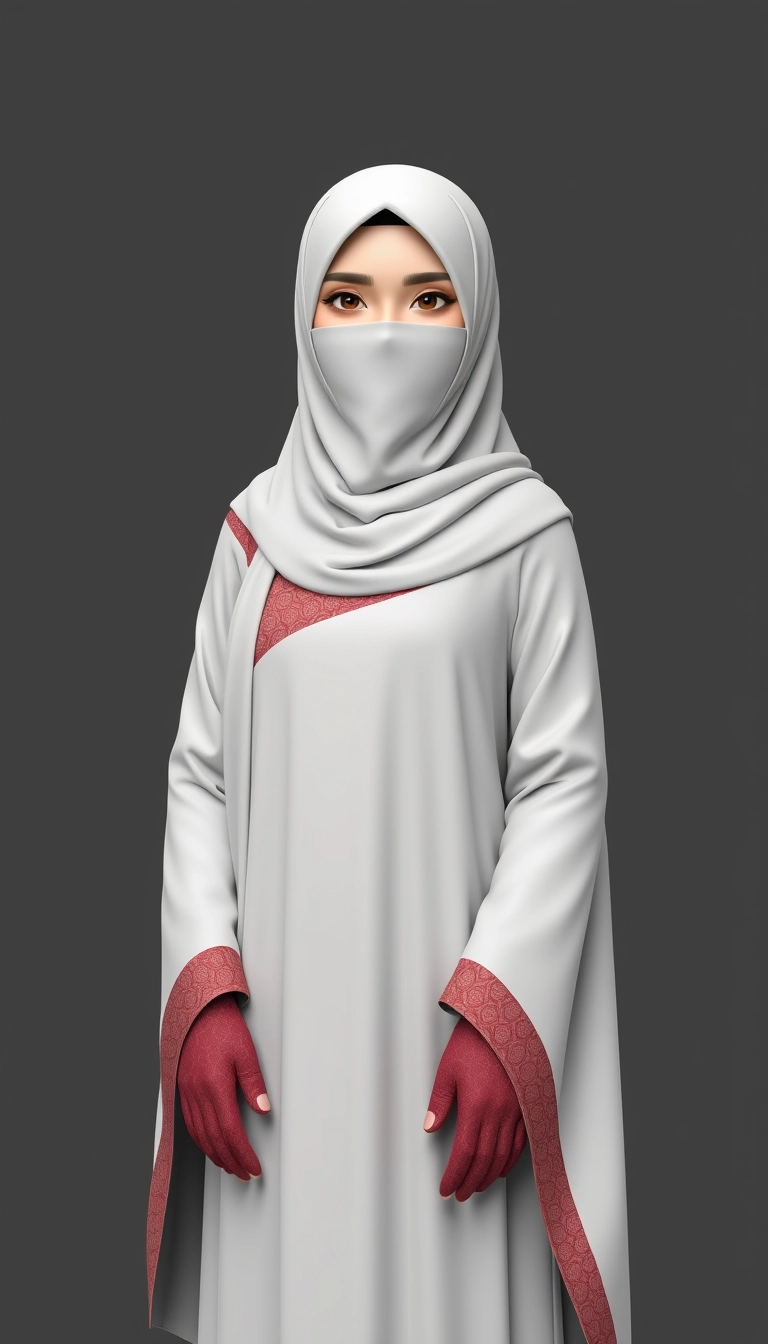 A 3D, 8k depiction of a Muslim woman from Palembang, wearing a traditional long songket and a long gown (gamis). She is adorned with a hijab that covers her chest and wears batik gloves covering her hands.