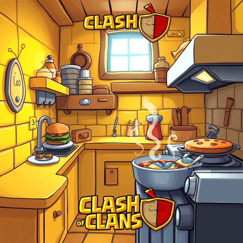 Game poster, cartoon style scenes from the game 'Clash of Clans', micro perspective, mainly featuring a warm yellow kitchen with delicious burgers, pizzas, and cooking fish soup on the stove. It features a cartoonish design, distinct hand drawn feel, soft lighting, deep focus, and high resolution, characterized by a contrasting royale pattern style. Bright colors, playful lighting, cartoonish textures, and exaggerated proportions. A fun and exciting scene.