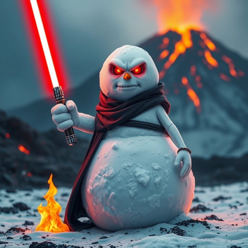 A snowman wearing a black Jedi robe, holding a red lightsaber, looking angry with shiny red eyes, ember on the ground, volcano in the background.