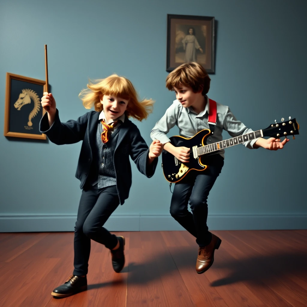 "Photorealistic: Hermione Granger dances Rock 'n' Roll with Harry Potter."