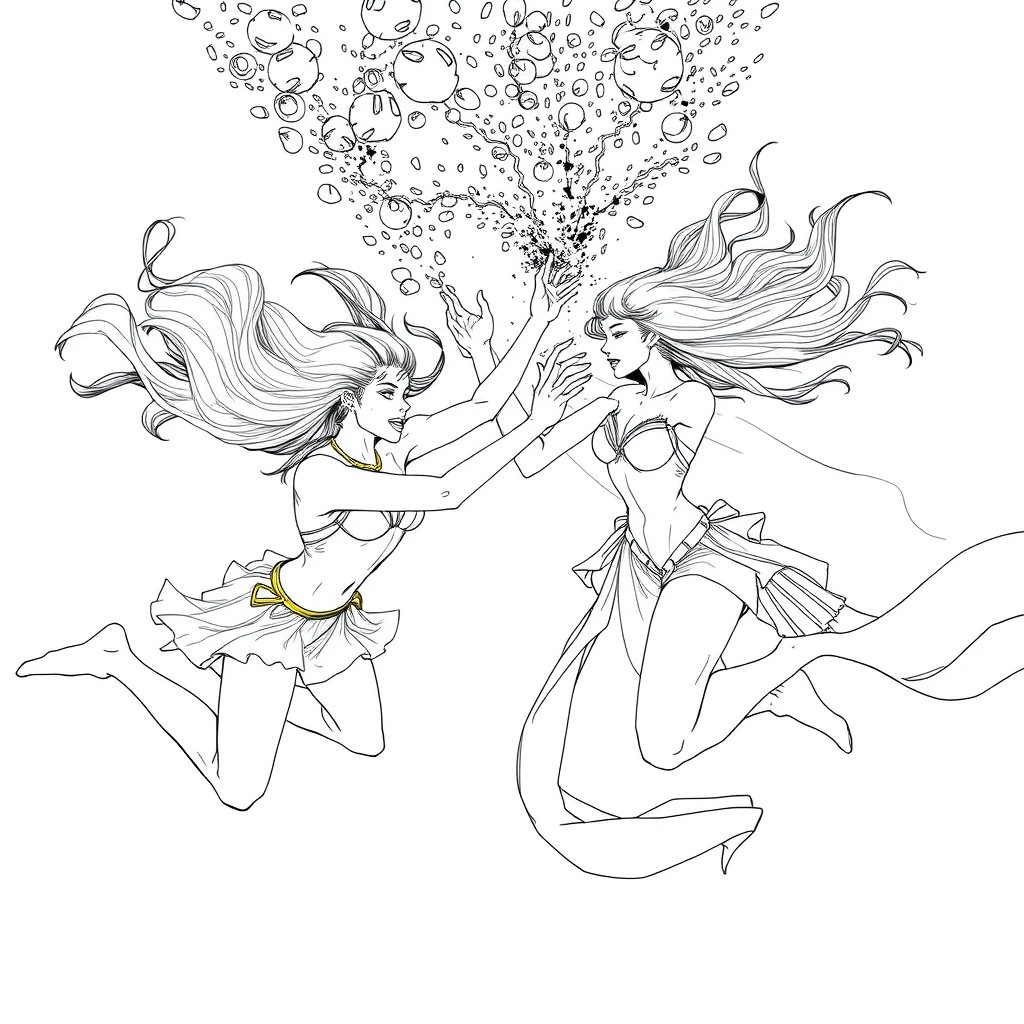 2 women fighting underwater, pure line art. - Image