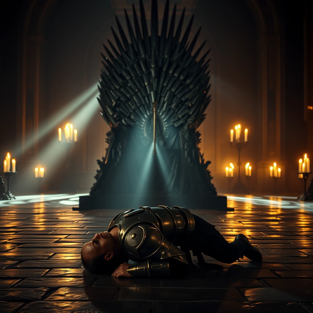 [Scene] This cinematic photograph, rich in detail and dramatic lighting, transports the viewer to a grand hall in medieval Europe. The cold, stone floor reflects the flickering candlelight that dances across the scene, casting long, dancing shadows. In the center of the composition stands a towering, iron throne, its sharp angles and unforgiving metal a symbol of power and authority.  
[Character] Before this imposing throne, a handsome, powerfully built king, clad in heavy plate armor, prostrates himself in fervent prayer. His head is bowed low, touching the cold stone floor, his armored body forming a stark silhouette against the dimly lit background. The weight of his armor and the vulnerability of his posture speak to the burden of leadership and the solemnity of his supplication. - Image