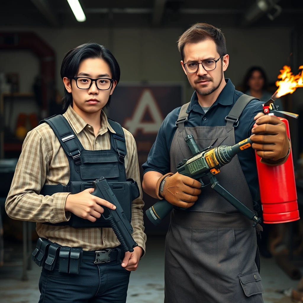 21-year-old white thin long-faced adult northern Chinese man with a square chin, wearing square glasses, holding a pistol, "medium/long length hair," tactical chest rig; 21-year-old Caucasian Italian man wearing round glasses and short hair holding a very large fire extinguisher flamethrower, welding apron, and long leather gloves; garage setting; both angry.