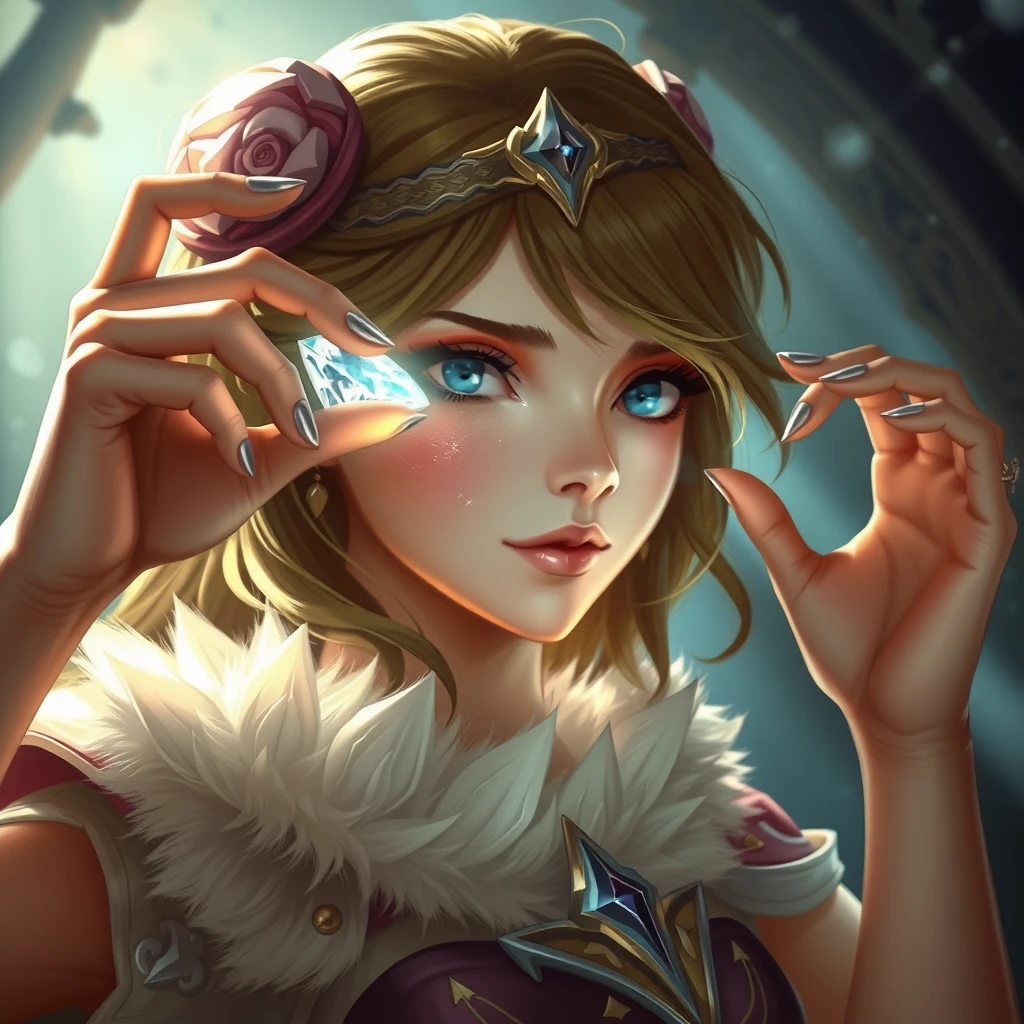 The fantasy heroine holds a sparkling diamond to her eye. - Image