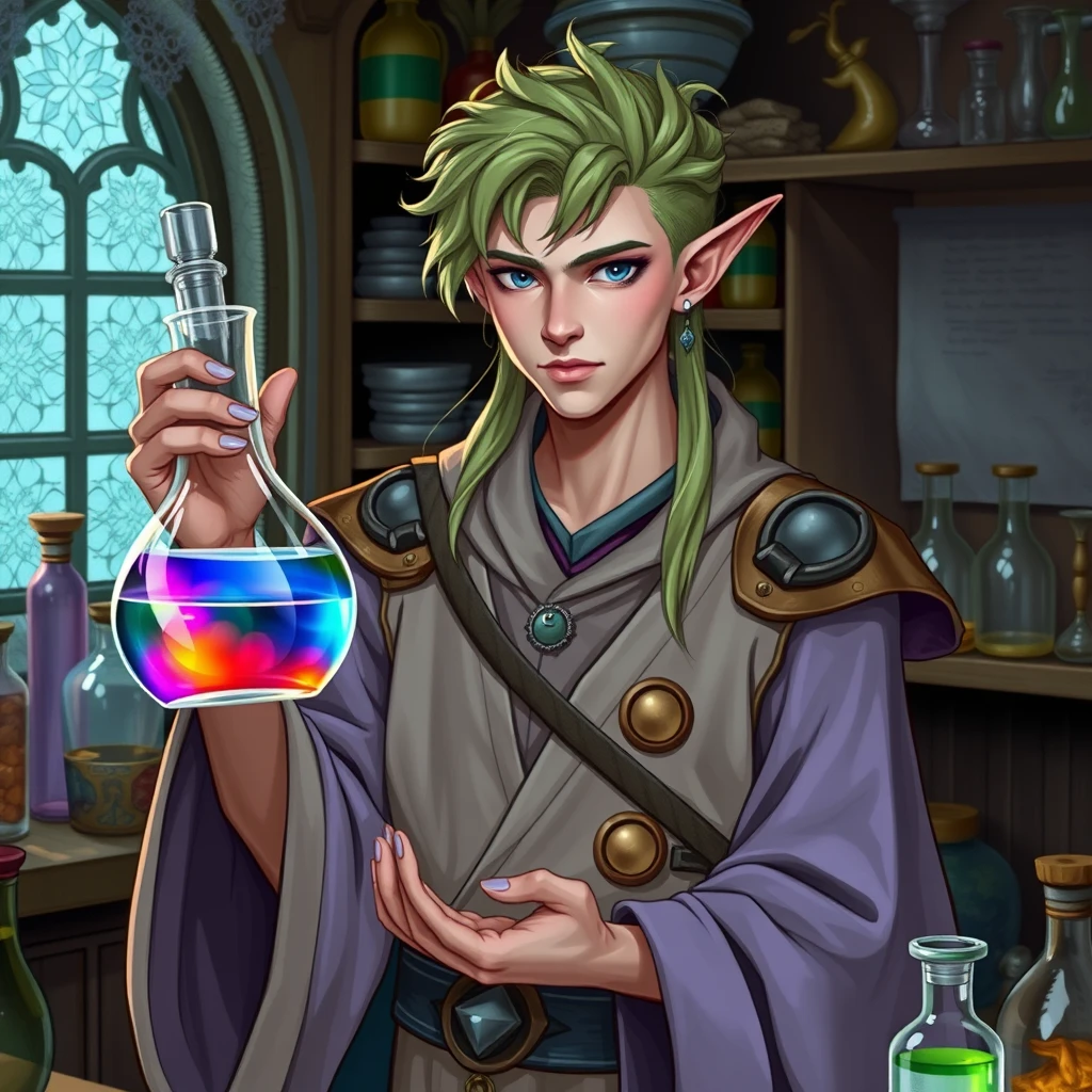 An androgynous genderqueer nonbinary Elven alchemist holding a flask of rainbow colored gender fluid in their laboratory.