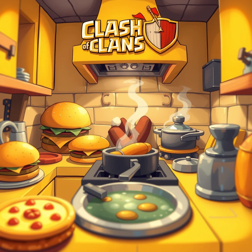 Game poster, cartoon style scenes from the game 'Clash of Clans', micro perspective, primarily featuring a warm yellow kitchen with delicious burgers, pizzas, and cooking fish soup on the stove. It showcases a cartoonish design, distinct hand-drawn feel, soft lighting, deep focus, and high resolution, characterized by a contrasting royal pattern style. Bright colors, playful lighting, cartoonish textures, and exaggerated proportions. A fun and exciting scene.