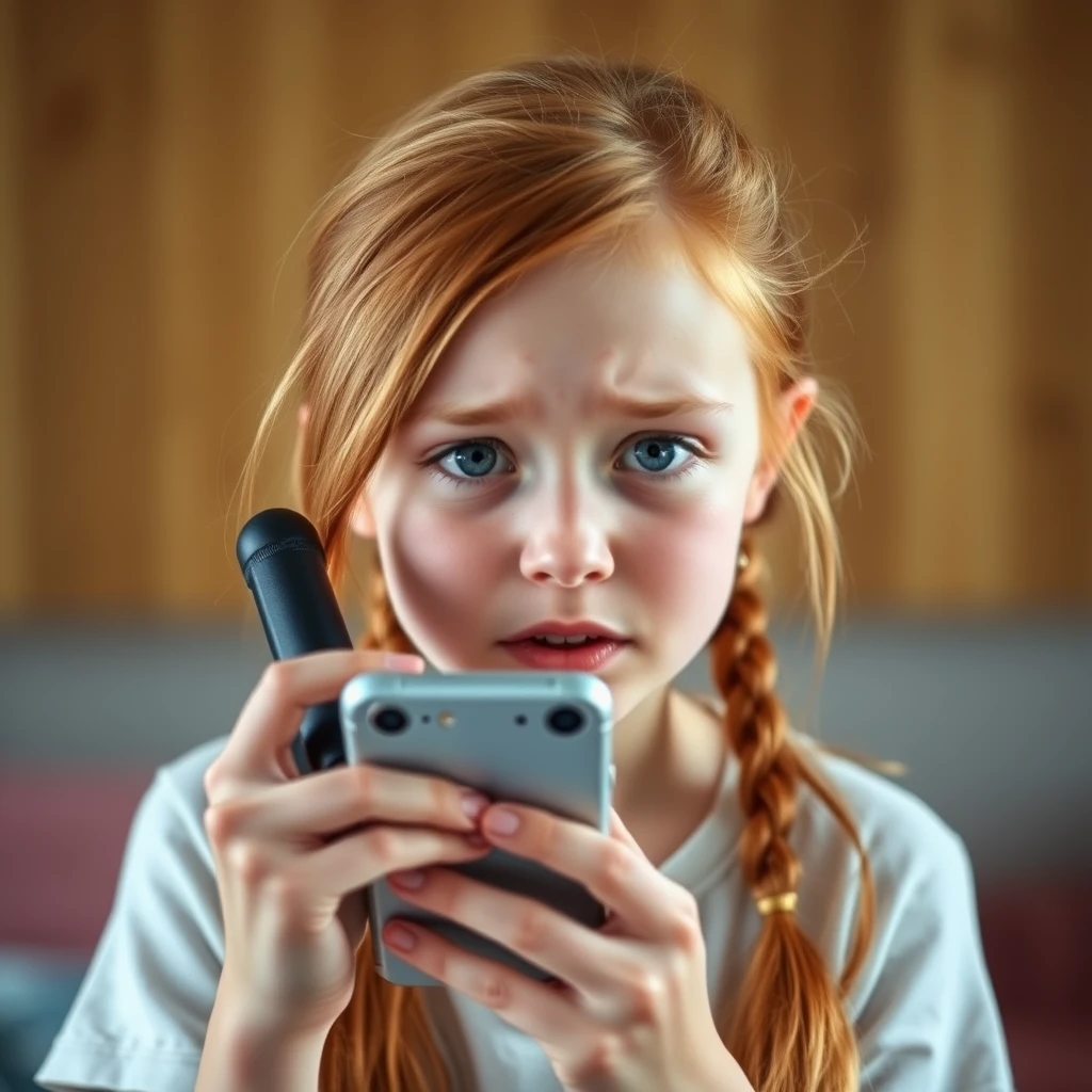 Annoying white redhead 16-year-old girl, short, eating disorder, eye bags, holding phone close to face. - Image