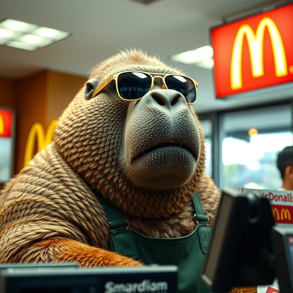 Walrus wearing sunglasses working register at McDonald’s - Image