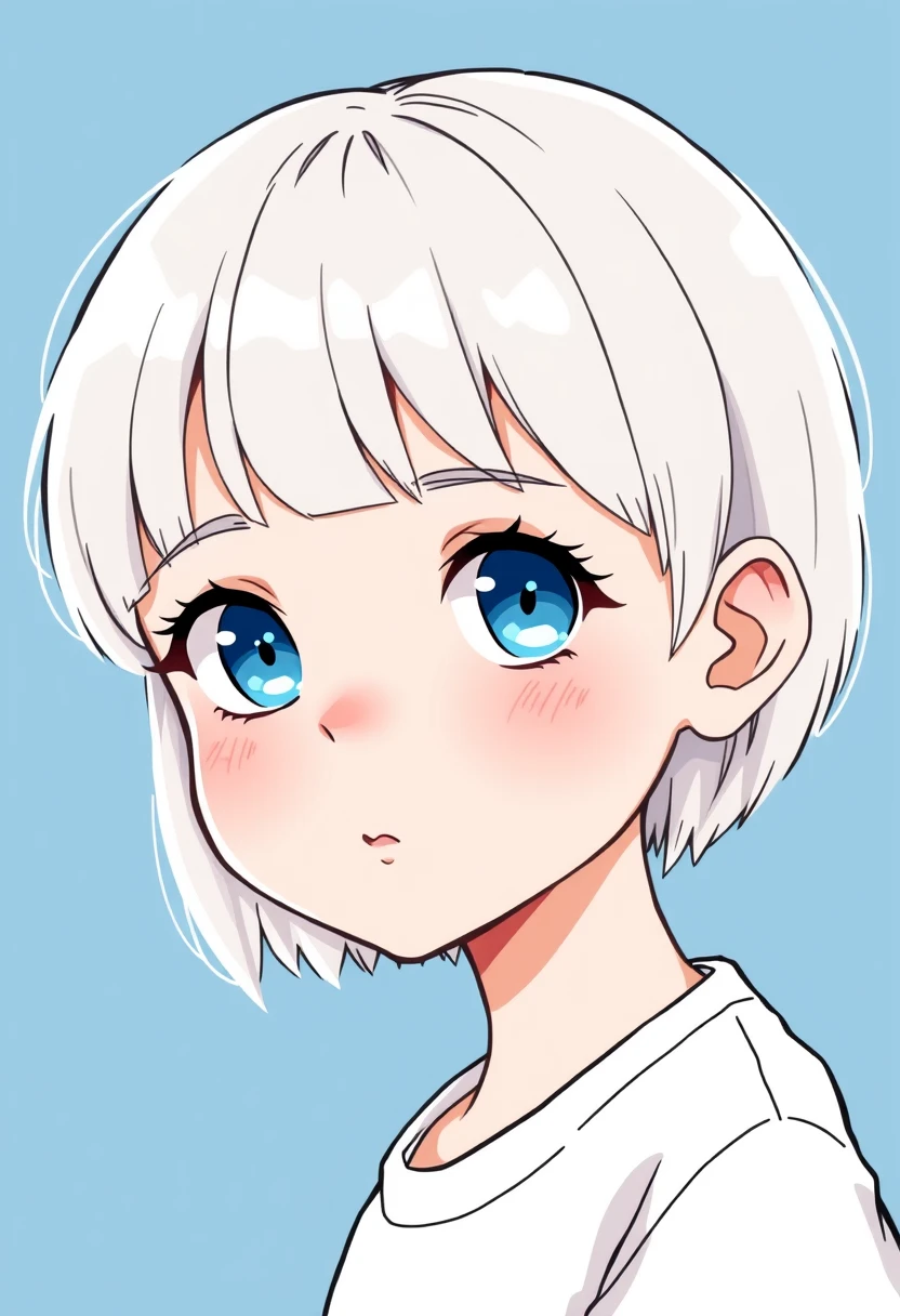 A cute little girl with short white hair, blue eyes, round face, bangs, wearing a white shirt, comic style, minimalist style, clean blue background, no strokes, half body portrait.