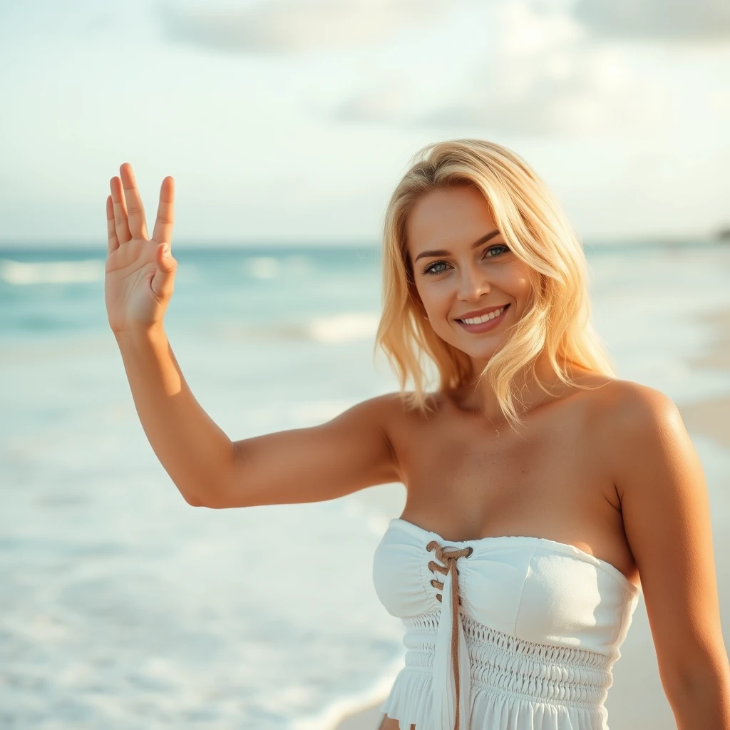 Blonde beauty standing on the beach and waving while looking at the viewer. - Image