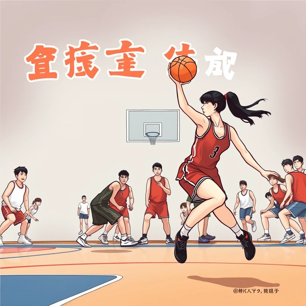 "Men and women are playing basketball, with Chinese characters or Japanese or Korean. Note that there should be both men and women."