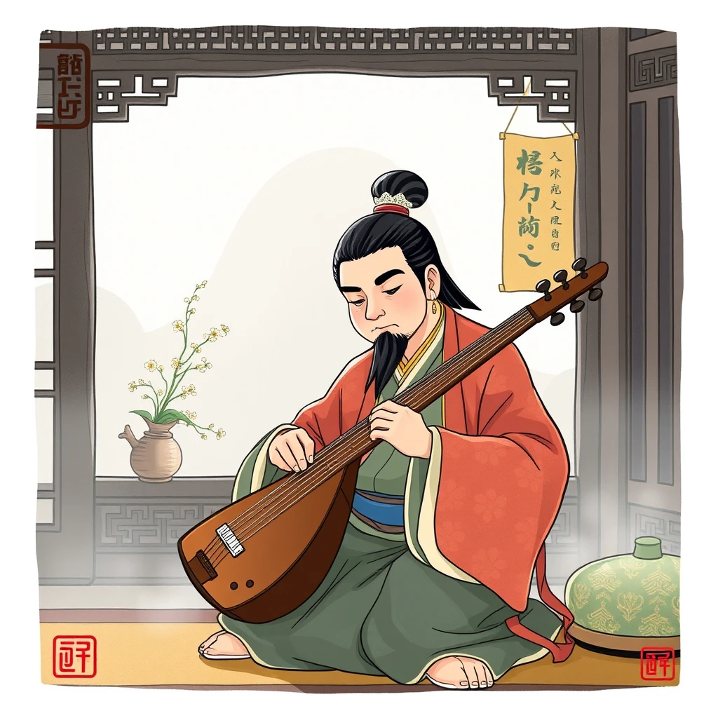 In ancient times, a skilled musician named Gong Mingyi is seen playing a beautiful melody on his qin at home, his expression focused and serene. (illustration style) - Image